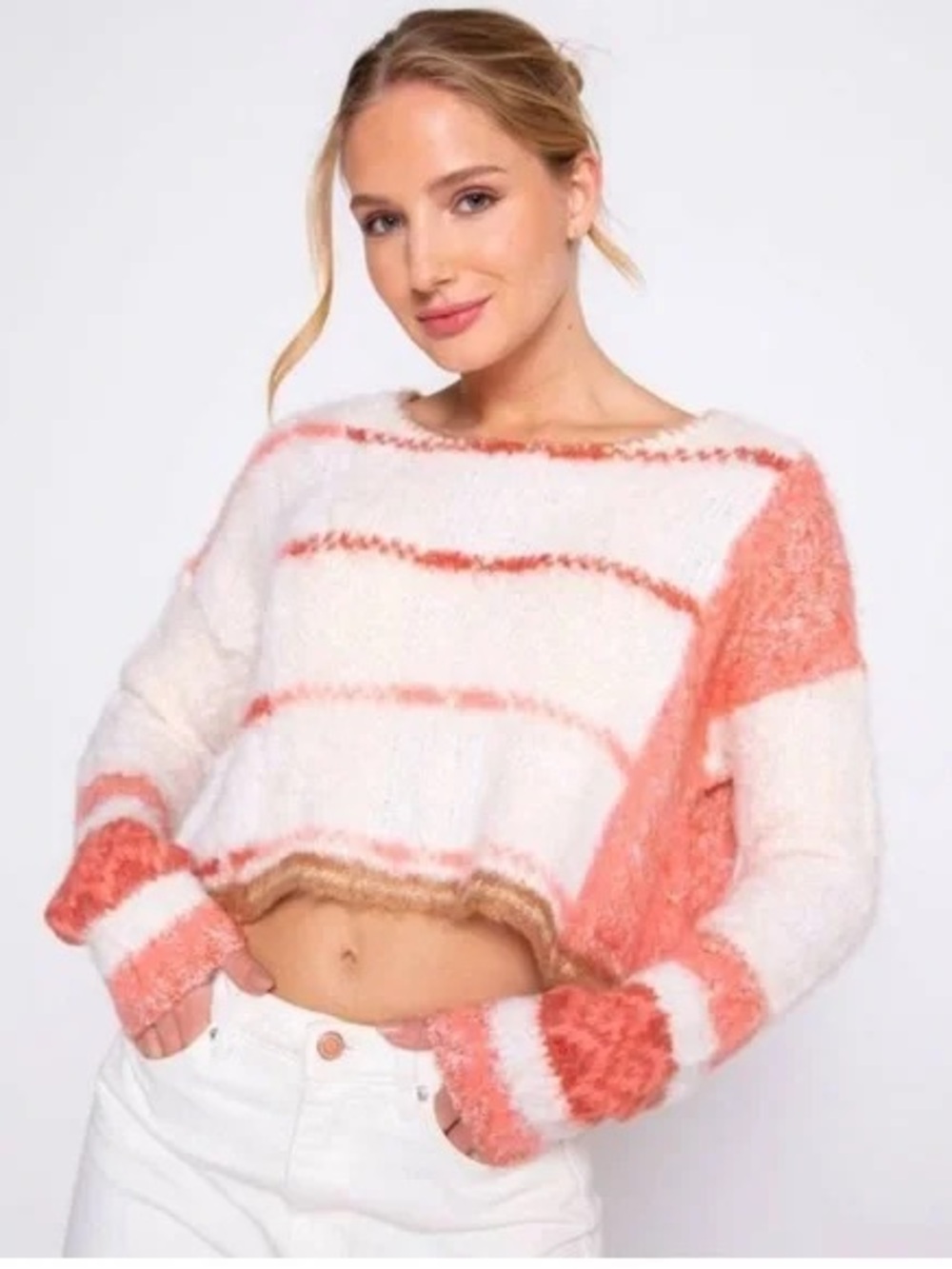 Free People Emerson Fluffy Cropped Stripe Sweater in Champagne Dream